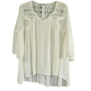 UMGEE Top Peasant Crinkle Fabric Bell Sleeve V-Neck Crochet Bodice & Shoulder SM